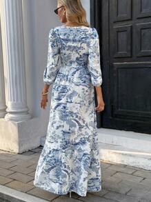 Pariaura French Chic Elegant Woven Square Collar 3/4 Sleeve Ruched Waist Summer New Arrival Floral Printed Dress For Women Autumn Dress Clothes For University