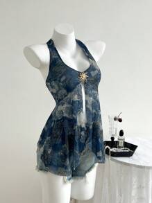 Elamini Casual Vacation Sunray Metal Accessory Necklace Halter Top, Spring/Summer - Multicolor - View 5