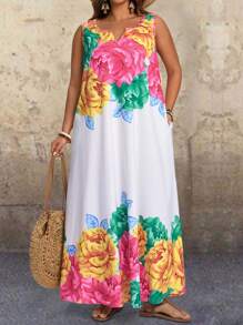 EMERY ROSE Plus Size Sleeveless Tropical Floral Jacquard Side Pockets Dress For Women, Suitable For Spring And Summer Maxi Dress With Pockets Rose Print Maxi Dress Long Summer Dress Summer Dresses For Women,Flowy Dress - Multicolor - View 3