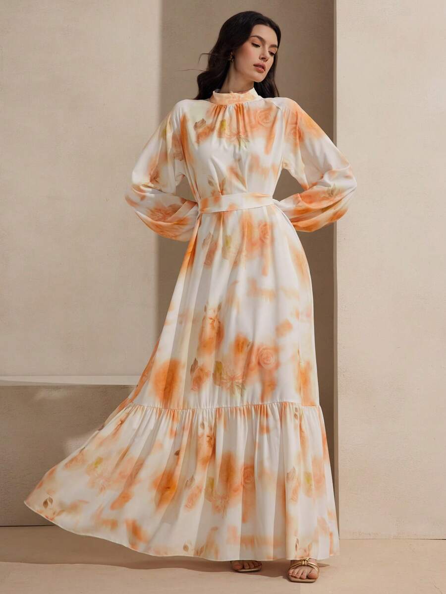 Graceveil Vestido midi de manga larga con cuello alto, cinturón y estampado digital para mujer