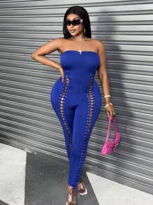 Maweii Plus Size Women Self-Tie Sexy Solid Color Strapless Fitted Jumpsuit - Blue - View 5