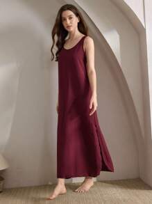 Ocili Váy ngủ Maxi dài mềm mại thoải mái màu trơn Leisure dành cho nữ mùa lễ hội Babydoll - Màu Đỏ Sâu - Xem 4