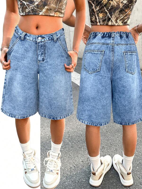 SHEIN Teen Girl Y2K Spring Summer Vintage Stonewashed Low Rised Wide Leg Bermuda Jeans Knee Length Casual Boyfriend Baggy Denim Jeans Long Shorts With Pockets, School, Outdoor, Streetwear, Western Jeans Wear Festival Outfits Jean Shorts Y2k