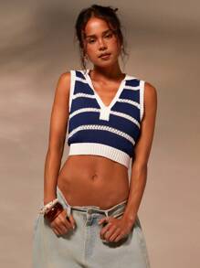 Athîral Chaleco de punto casual corto con cuello en V a rayas para mujer