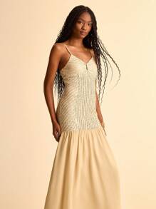 CAJUNI Women's Vacation Khaki Knitted Textured Fabric Front Metal Accent Strappy Splicing Semi-Sheer Chiffon Long Dress, Suitable For Summer Vacation And Dates - Khaki - View 5