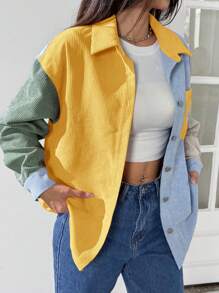 SHEIN EZwear Áo khoác nhung kẻ vá chữ vai trễ màu - Nhiều màu - Xem 6