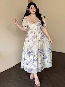 Vibekara Plus Size Women's Spring/Summer Square Collar Ruffle Sleeve Short Sleeve Elegant Resort Vintage Cute Casual A-Line Floral Print Chiffon Maxi Dress