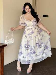Vibekara Plus Size Women's Spring/Summer Square Collar Ruffle Sleeve Short Sleeve Elegant Resort Vintage Cute Casual A-Line Floral Print Chiffon Maxi Dress