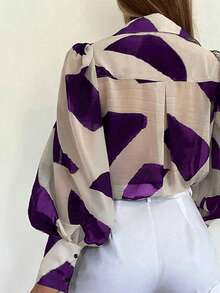 INAWLY 女式夏季几何印花灯笼袖单排扣休闲衬衫