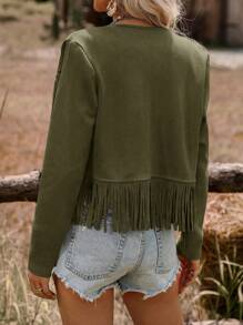 SHEIN VCAY Chaqueta de mujer de unicolor con flecos en el frente abierto para otoño/invierno - Verde militar - Ver 2