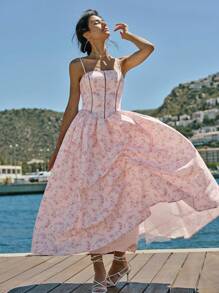 Enchnt Spring/Summer Romantic Women's Pastel Pink Floral Print Strap Princess Maxi Dress,Sweet&Elegant For Vacation&Date&Holiday&Party&Graduation&Wedding Guest&Beach,Prom Dress,Summer Dresses For Women,Sun Dresses For Women,Summer Clothes