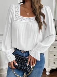EMERY ROSE Plus Size Women Solid Color Contrast Lace Long Sleeve Casual Blouse Fall Cloth For Women - White - View 1