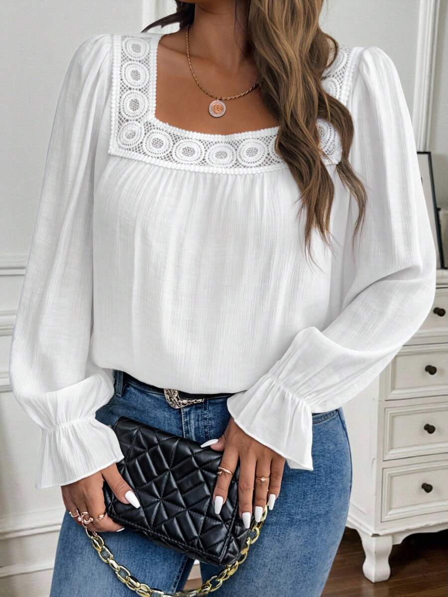 EMERY ROSE Plus Size Women Solid Color Contrast Lace Long Sleeve Casual Blouse Fall Cloth For Women - White - View 1
