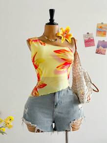 Soleia Women Plus Size Vacation Mesh Flower Print Asymmetrical Hem Fitted Blouse - Multicolor - View 1