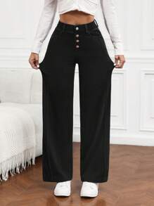 Flexra 女式纽扣门襟口袋宽腿宽松牛仔裤收腹裤女士休闲裤紧身裤阔腿裤