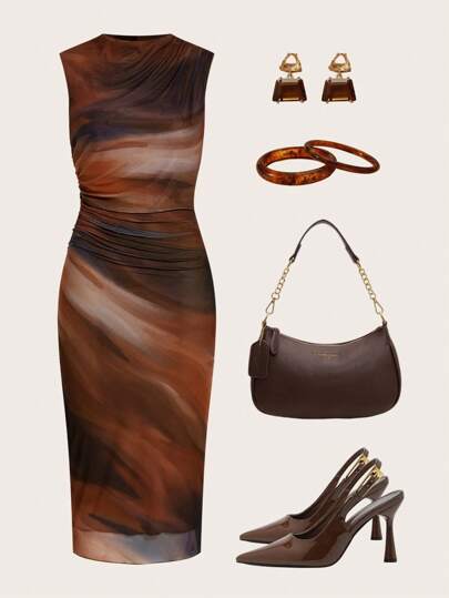 Ellevyn Summer Women Sleeveless Pleated Floral Print Mesh Knit Dress Summer Outfits Vintage,Bodycon Dress  Fairycore Fall Women Clothes  Casual Outfit For Women   Spring Outfit Women   Summer Outfits   Sleeveless Mesh Printed High-Elasticity Versatile Midi Dress With Lining