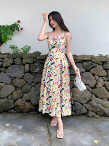 SHEIN LUNE 女式夏季度假风格全花卉印花荷叶边装饰长款吊带连衣裙 - 彩色 - 查看 5