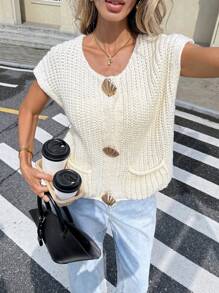 Serisse Women's Cream White Elegant Loose Coarse Knit Vest Sweater Cardigan,Autumn Vacation Metal Shell Decoration Patch Pocket Solid Color Casual Tops - Beige - View 8