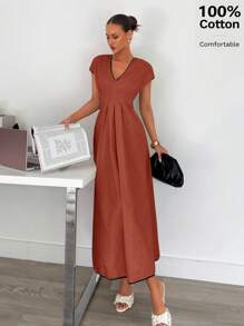 Siren Gaze Women's Summer Cotton Comfortable Waist Cinched Contrast Trim Maxi Linen Dress Elegant Christmas Evening Dress - Redwood - View 3