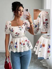 Elenzga Áo cánh nữ cổ vuông tay bồng ngắn in hoa viền bèo nhún, phong cách nghỉ dưỡng - Nhiều màu - Xem 3