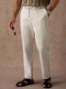 Manfinity Homme Men's Casual Solid Color Drawstring Pocket Pants,White Linen Beige Slacks For Summer,Autumn Off-White Vacation Holiday,Daily Commuting British Style - Apricot - View 1