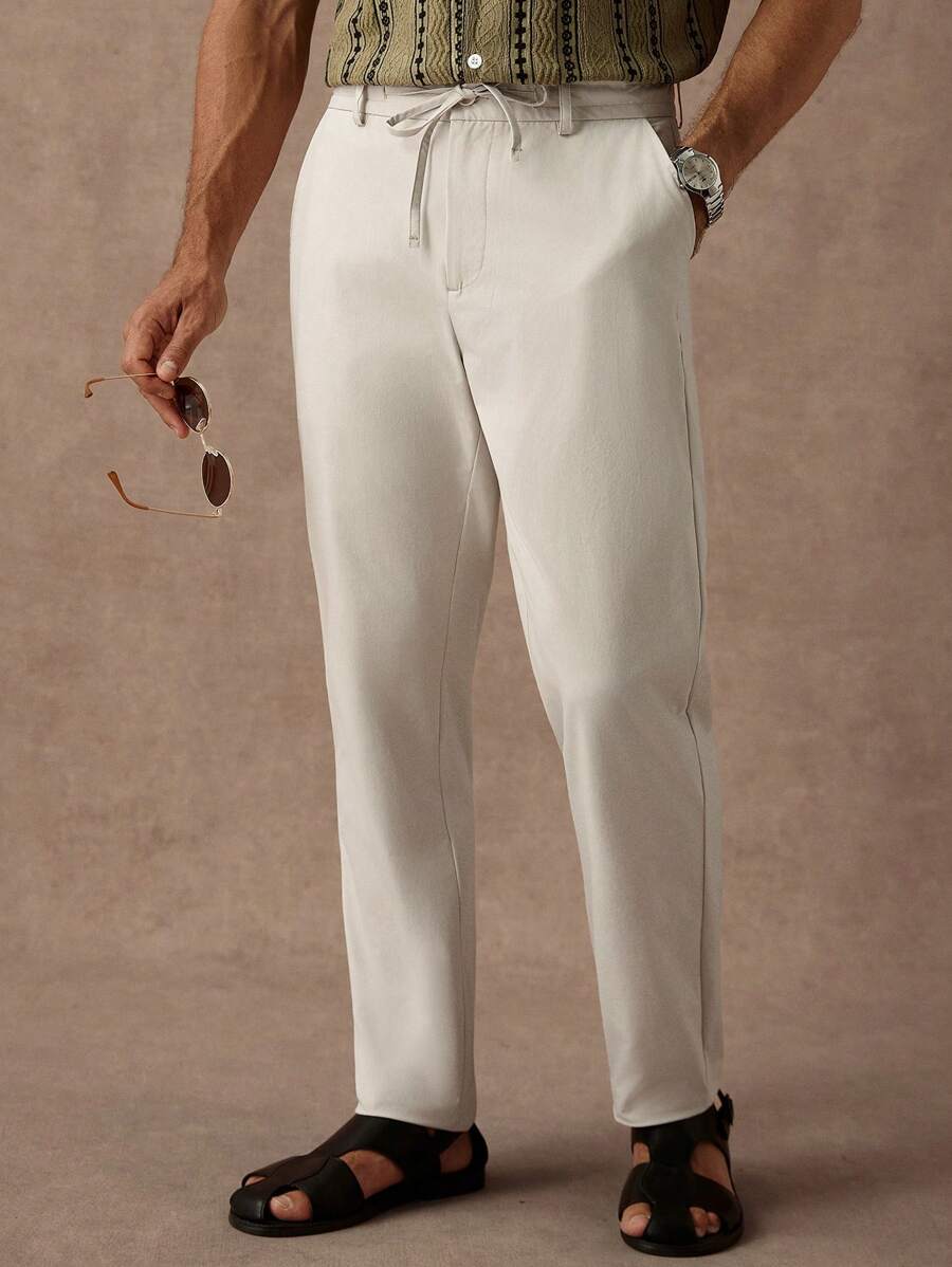 Manfinity Homme Men's Casual Solid Color Drawstring Pocket Pants,White Linen Beige Slacks For Summer,Autumn Off-White Vacation Holiday,Daily Commuting British Style - Apricot - View 1