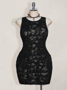 SHEIN ICON 加大码破洞面料无袖圆领修身迷你连衣裙，女士西式服装，音乐节 - 黑色 - 查看 3