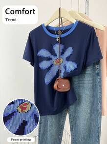 Women Summer Flower Pattern Embossed Contrast Color Round Neck Casual T-Shirt - Navy Blue - View 1