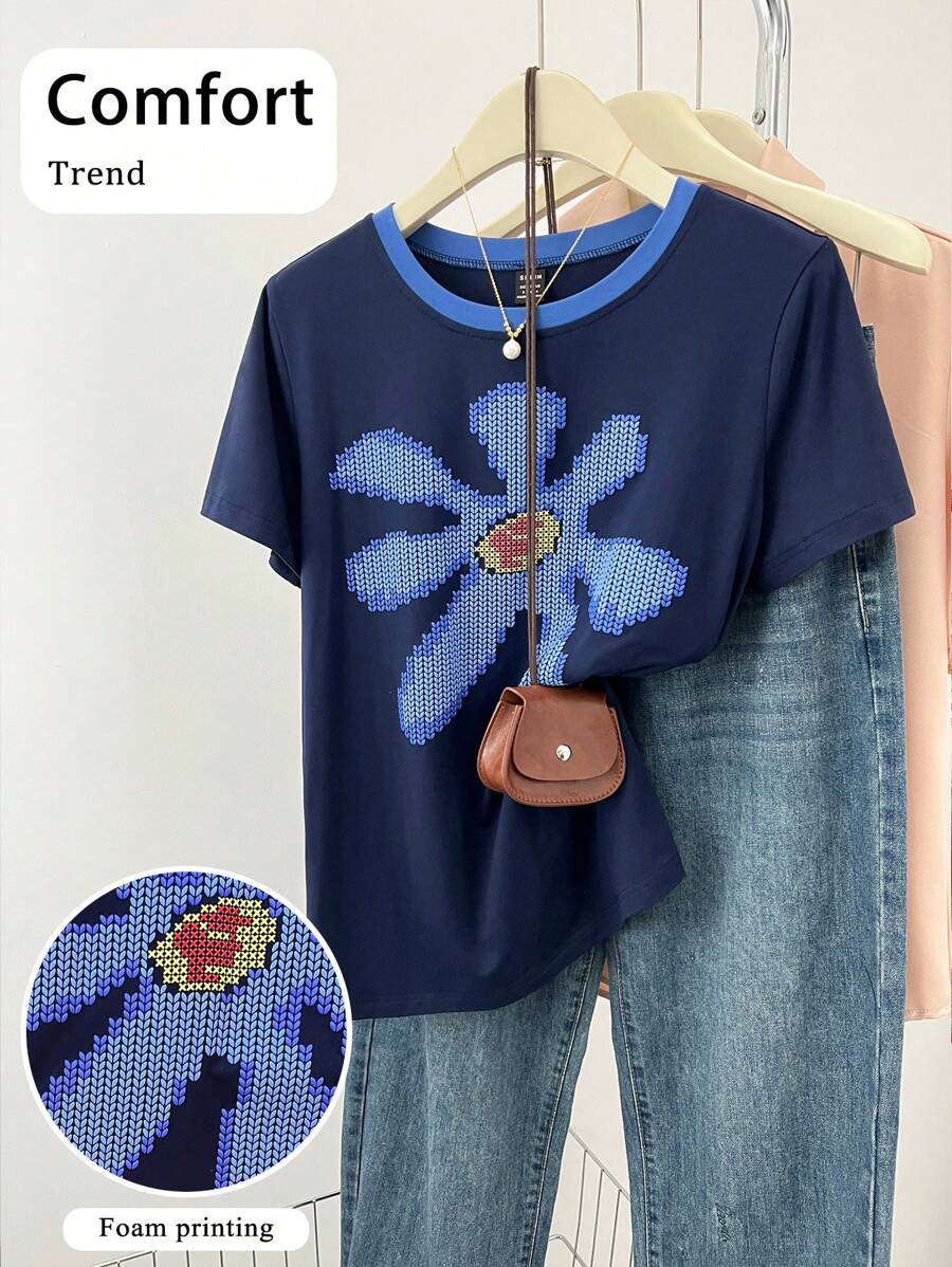 Women Summer Flower Pattern Embossed Contrast Color Round Neck Casual T-Shirt - Navy Blue - View 1