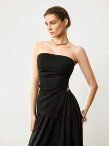 SHEIN Unity Women's Black Summer Seksi Chic Club Off Shoulder Asymmetric Hem Slit Ruched Niche High-End Design Fitted Tube Top Elegant Vacation Base Layer - Black - View 4
