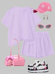 SHEIN 2 件套青少年女孩休闲简约短袖上衣和短裤套装，夏季 - 彩色 - 查看 2
