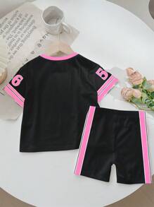 SHEIN Bộ 2 món/Bộ áo thun tay ngắn đơn giản thường ngày và quần short cho bé gái, mùa hè - Nhiều màu - Xem 4