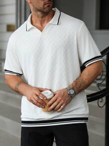 Manfinity Homme Camisa polo de manga corta con bloques de color y puños para hombres de talla grande - Blanco - Ver 3
