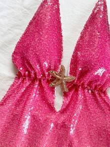 Soleia Gradient Sequin Deep V Metal Decor Halter Mini Dress, Music Festival Party - Multicolor - View 4