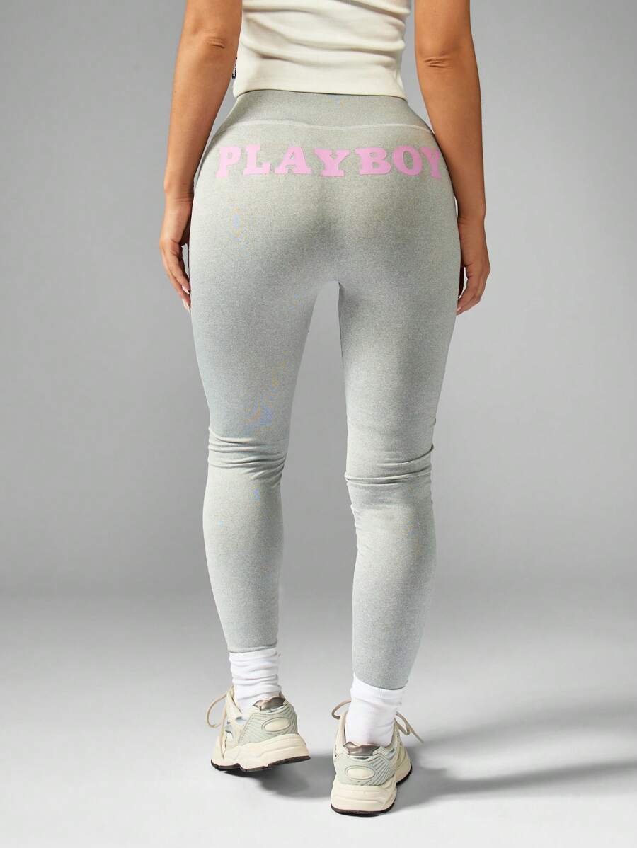 Missguided x Playboy 高腰高性能紧身裤,四向弹力,瑜伽跑步,Power Flex,健身,时尚运动休闲裤,带标志印花 - 灰色 - 查看 1