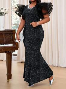 Fleurora 春夏秋冬优雅派对婚礼酒会黑色针织甜心荷叶边袖美人鱼紧身大码连衣裙女士夏季连衣裙女士夏季服装女士连衣裙女士白色连衣裙黑色连衣裙婚礼宾客连衣裙女士优雅派对连衣裙女士太阳裙大码女装女士连衣裙女士优雅正式连衣裙女士生日连衣裙女士夏季连衣裙女士正式连衣裙 - 黑色 - 查看 6