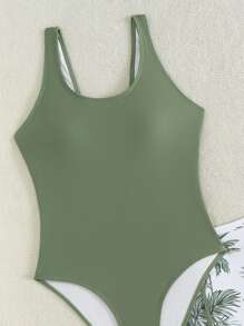 SHEIN Áo tankini Racerback trơn màu cho bé gái tuổi teen có quần bơi in họa tiết cây nhiệt đới - xanh quân đội - Xem 5