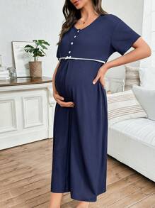 Moonlight&Mama Casual Solid Color Crew Neck Short Sleeve Pregnant Women House Dress Women's Summer Casual Wear Casual Maternity Nightdress - Navy Blue - View 4
