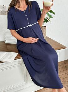 Moonlight&Mama Casual Solid Color Crew Neck Short Sleeve Pregnant Women House Dress Women's Summer Casual Wear Casual Maternity Nightdress - Navy Blue - View 6