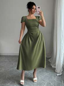 SHEIN Unity Plus Size Women French Elegant Casual/Vacation/Afternoon Tea Solid Color Square Collar Cinched Waist Flattering Puff Sleeve Midi Dress, Spring/Summer - Army Green - View 4