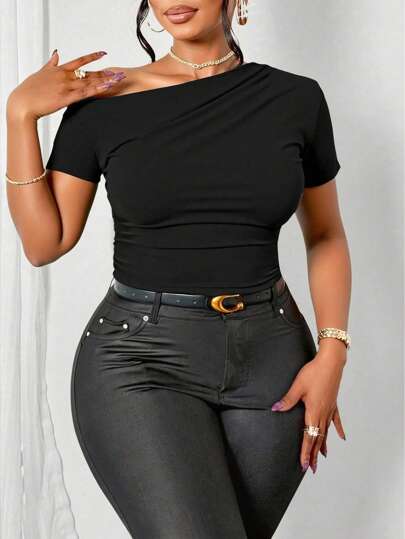 INAWLY Blusa ajustada de mujer de manga corta con cuello asimétrico y unicolor para talla grande en verano