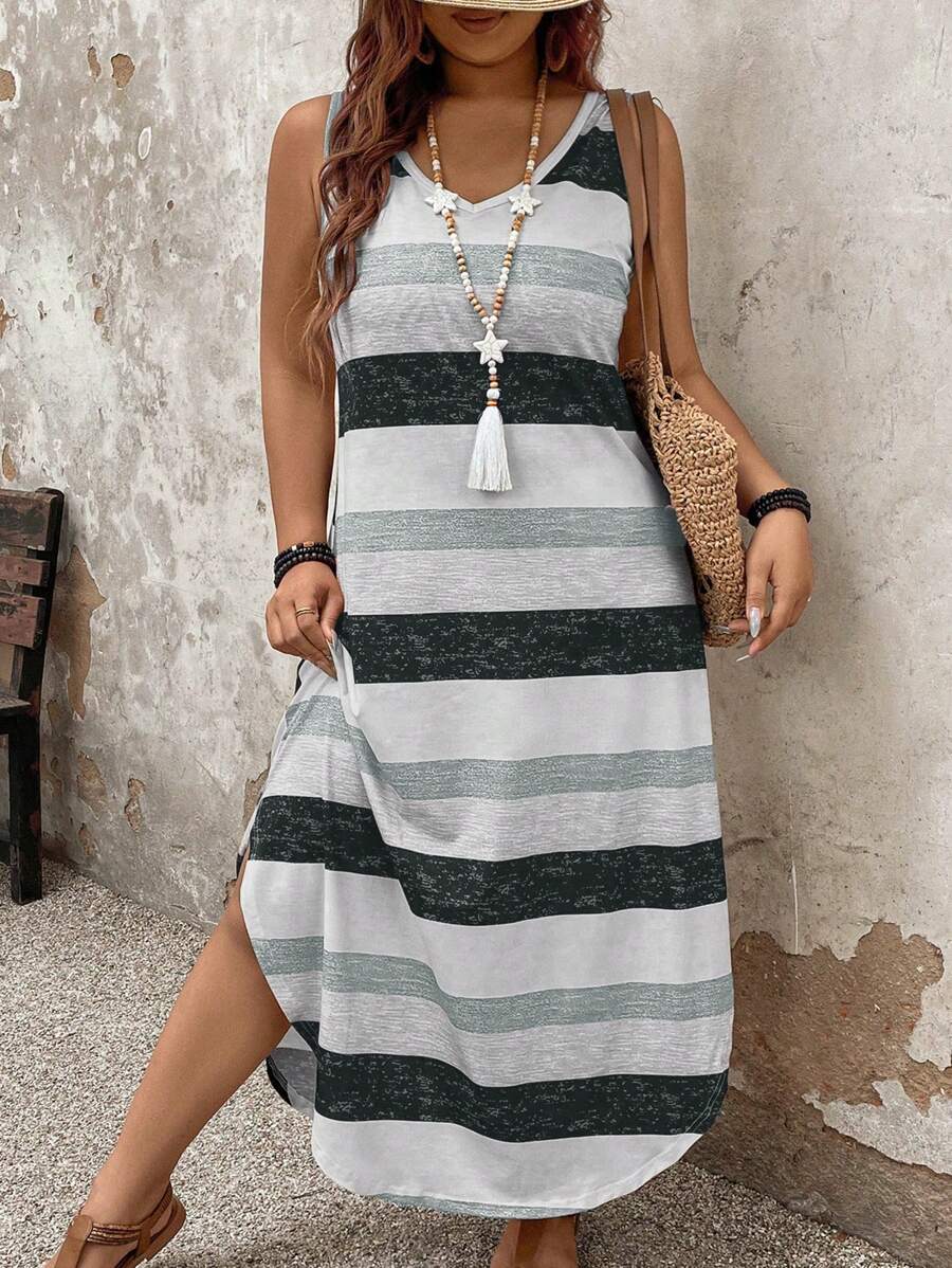 SHEIN CURVE+ Women Plus Size Casual Striped Dress, Spring/Summer - Multicolor - View 1