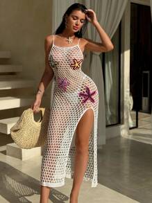 SHEIN Swim Vcay Women's Starfish Decor Hollow Out Side Slit Hem Cami Cover Up Dress For Vacation For Summer - White - View 4