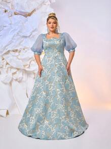 SHEIN Belle 加大码夏季优雅浪漫奢华蓝色卢勒克斯提花缎不对称领口设计泡泡袖修身宽摆下摆连衣裙，适合晚会、舞会、约会、婚礼、毕业典礼、度假 - 藍色 - 查看 6
