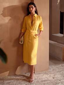 MOTF PREMIUM ÁO SƠ MI CÚP TÚI VẢI LANH - Màu vàng - Xem 7