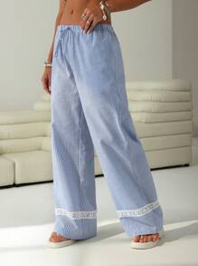 SHEIN EZwear Women Casual Daily Striped Contrast Lace-Up Waist Pants - Blue and White - View 4