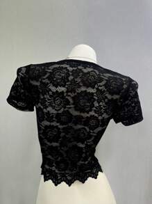 INAWLY 女式标准尺码短袖蕾丝衬衫，夏季 - 黑色 - 查看 2