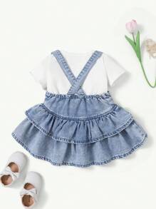 Denimly Baby GirlCasual Daily Urban Street Style Cute Pleated Suspender Skirt, Denim Baby Outfit, Baby Girl Ruffle Denim Dress. - Medium Wash - View 2