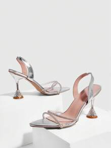 CUCCOO SZL Sandalias de tacón alto sexy y elegantes para mujer con tiras de tobillo con diamantes de imitación, punta puntiaguda, tacón acampanado y tacón con diamantes de imitación, de piel de imitación blanca, con empalmado transparente de PVC, para usar en discotecas, citas, festivales de música y fiestas de moda