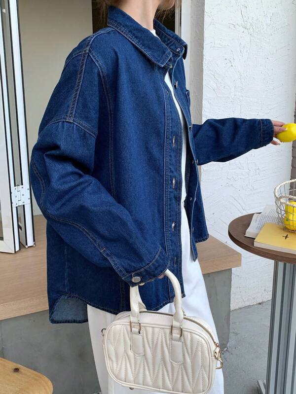 SHEIN Camisa larga de mezclilla azul oscura suelta con solapa para adolescentes, vestimenta casual de primavera y verano, estilo campestre y bohemio para vacaciones